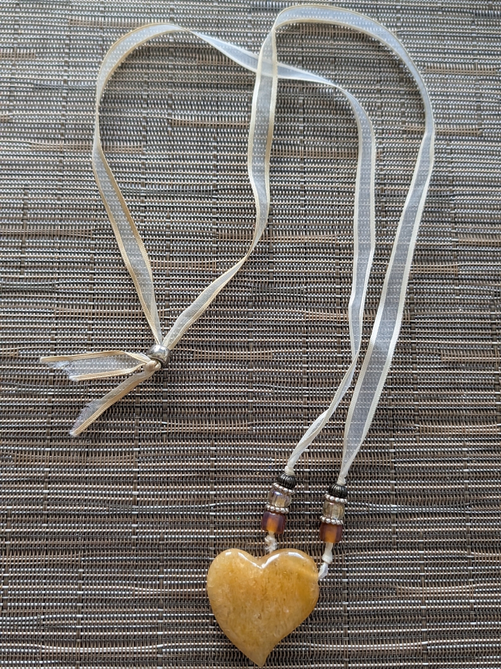 Handcrafted Yellow Stone Heart Pendant Necklace with Sheer Ribbon